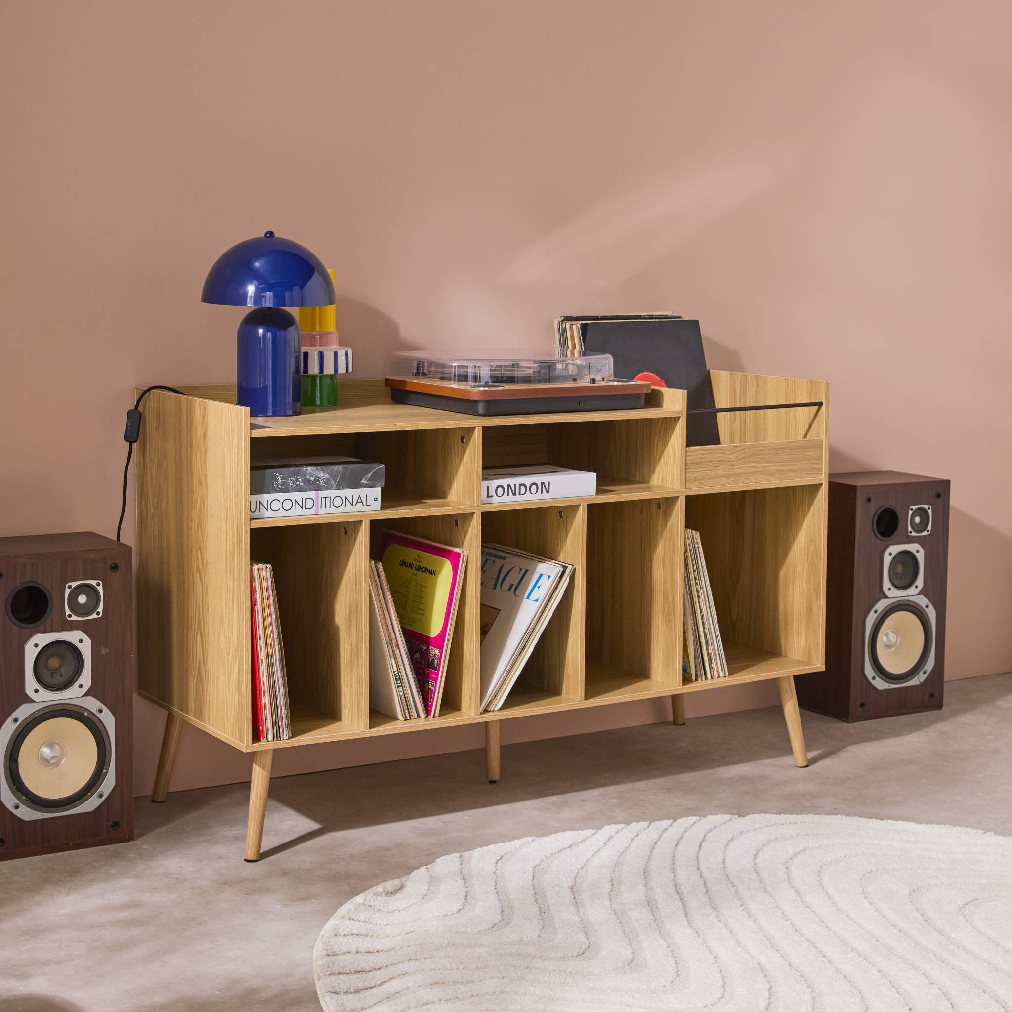 Mueble de vinilos XL estilo escandinavo, 130cm, Dune, Natural, 130x50x80 cm - 3