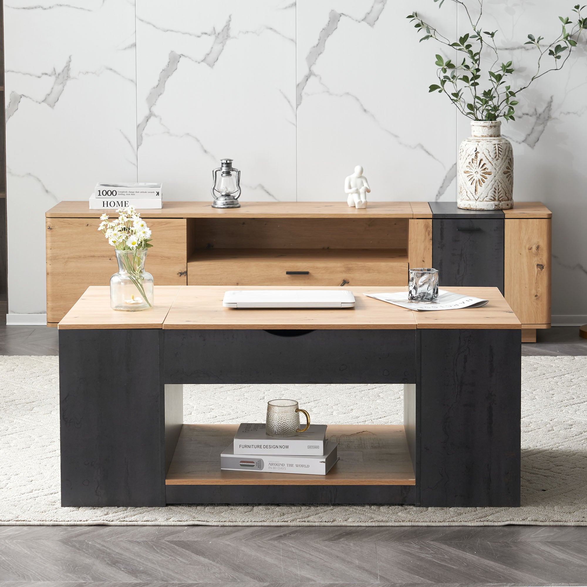 Table basse relevable en MDF - avec espace de rangement sous la table - gris - 2