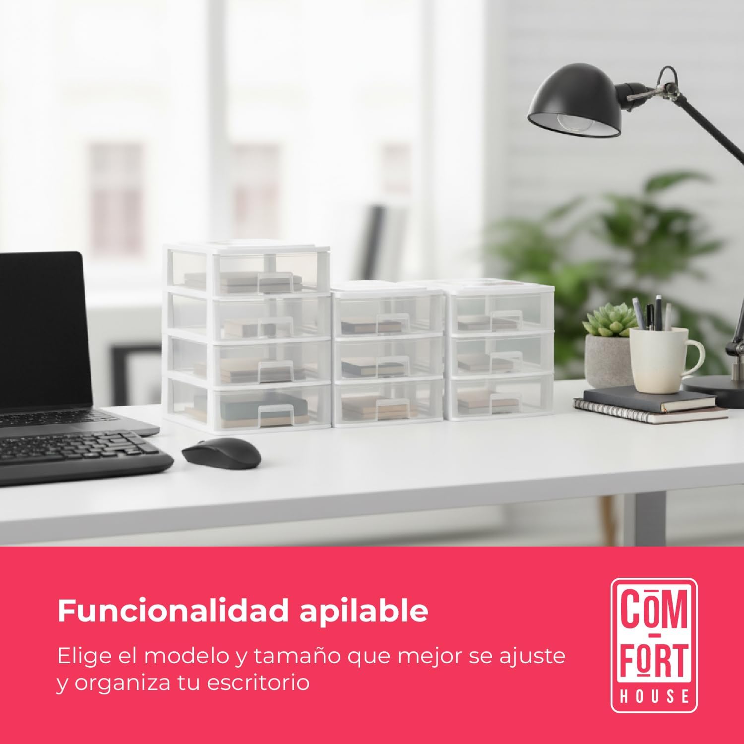 COM-FORT HOUSE | Cajonera Apilable de Plástico | Modelo Transparente | Color Blanco | Modelo de 3 Cajones | Cajones de Almacenamiento Modular - 5