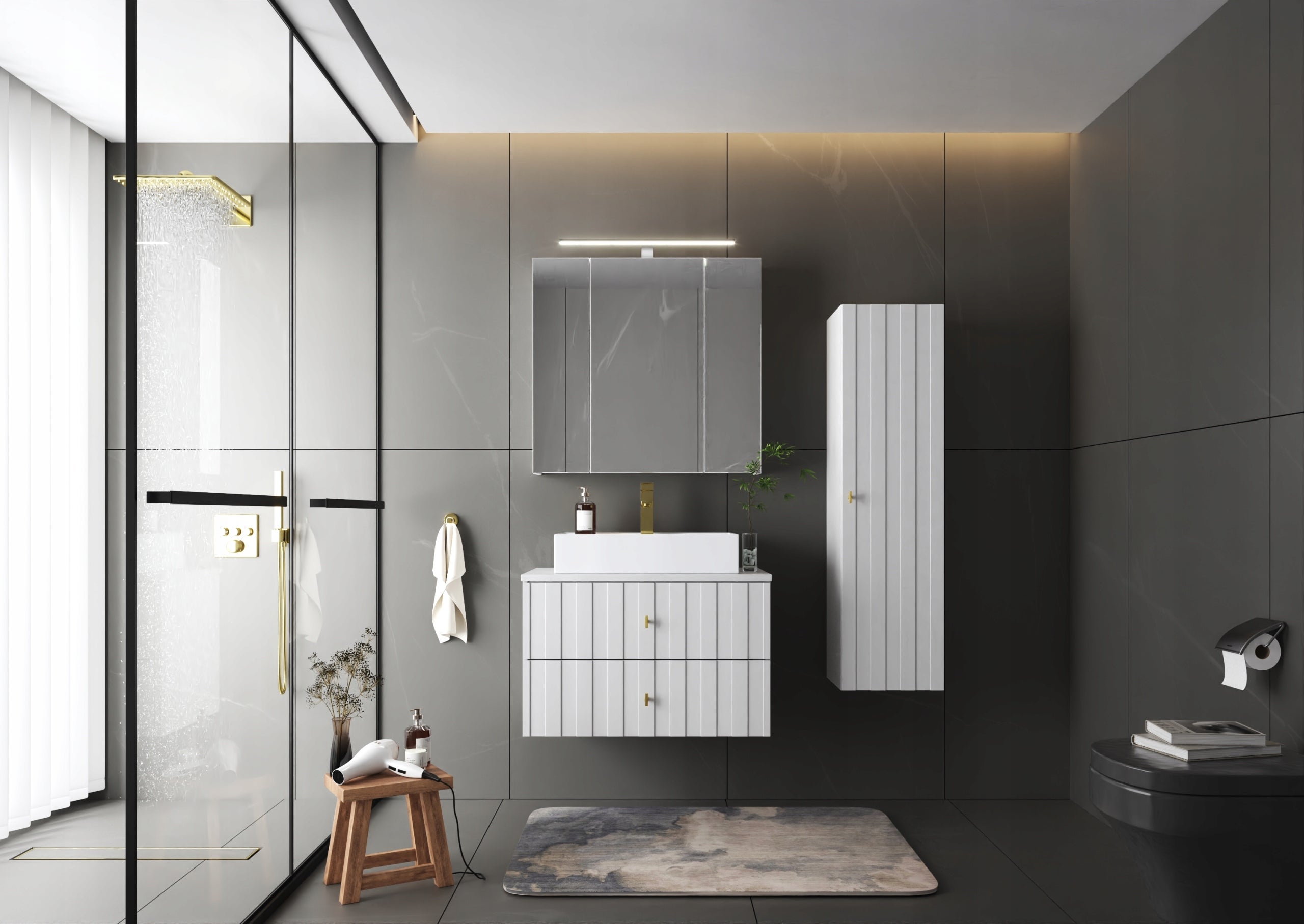 Szafka łazienkowa ELEGANTE 80 cm biała wisząca złote uchwyty mat - 9