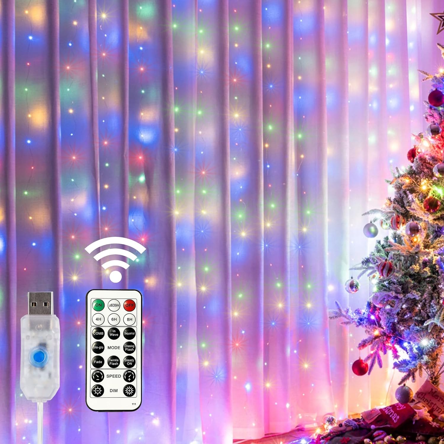 Łańcuch świetlny LED z pilotem, zasilany przez USB, idealny do dekoracji świątecznych, 1 sztuka, kolorowe światełka, 2 x 3 m