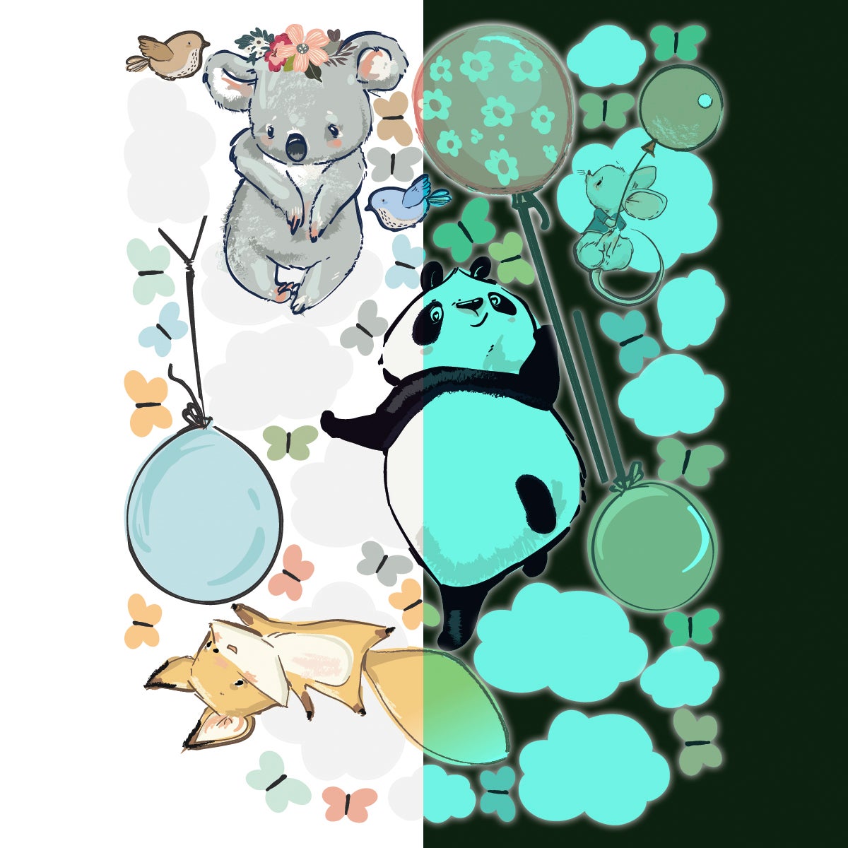 Adesivi fosforescente felici animali volanti - Sticker adesivo - adesivi murali - 160x120cm - 4