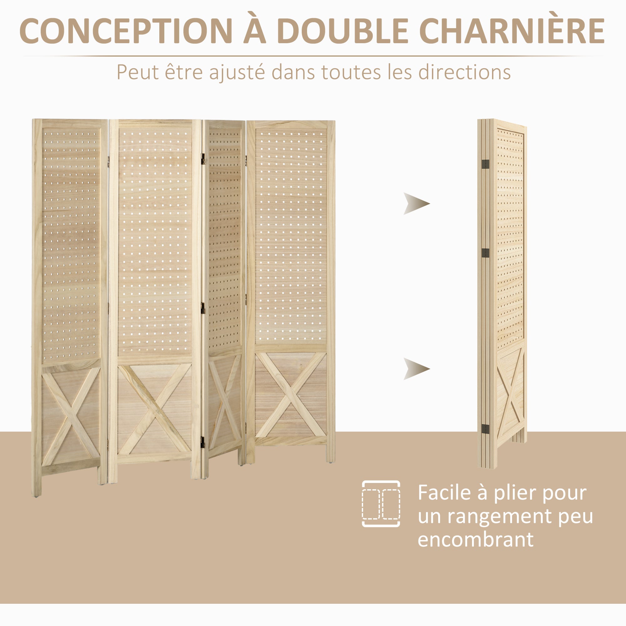 Paravent intérieur en bois 4 panneaux séparateur de pièce pliable panneau perforé 152x1,7x144,5cm bois naturel - 8