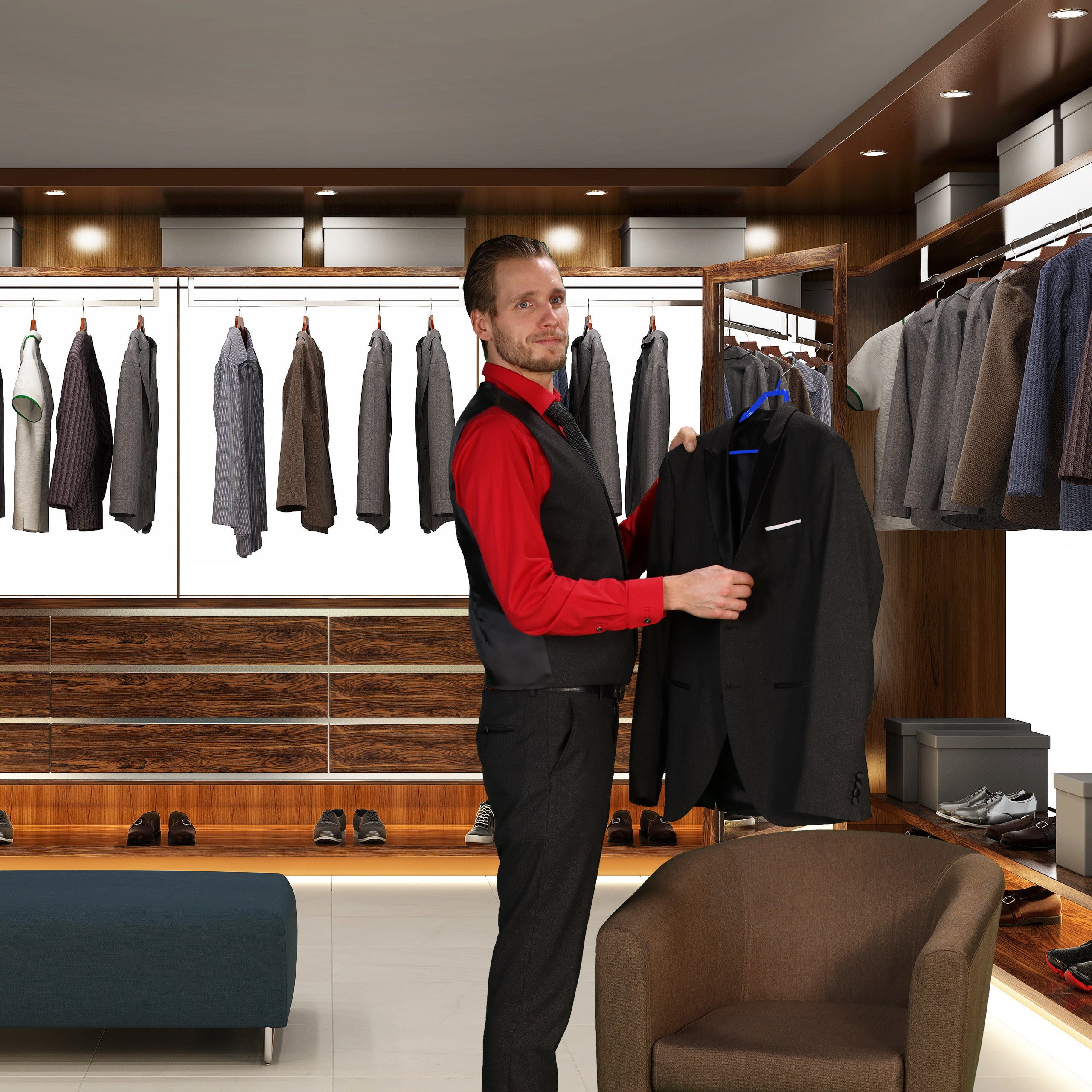 20x Cintres antidérapants, pour costumes, support d’épaules large, traverse pantalon, crochets, bleu - 3