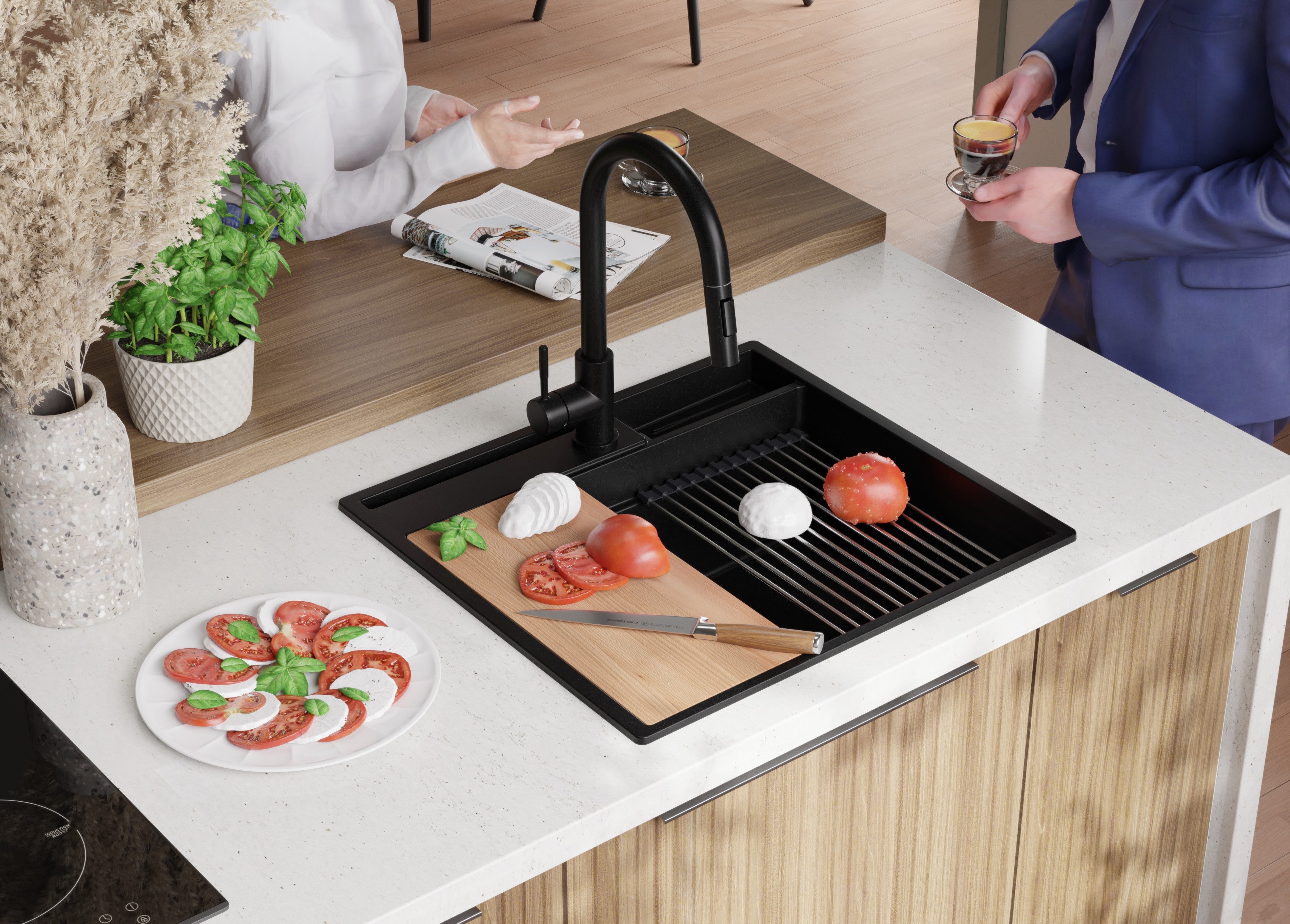 Lavandino da Cucina Nero 58x53cm, Lavello in Granito a 1 vasca + Sifone Classico + Accessori, Lavabo da Cucina Incasso al mobile 60cm PRIMAGRAN - 2