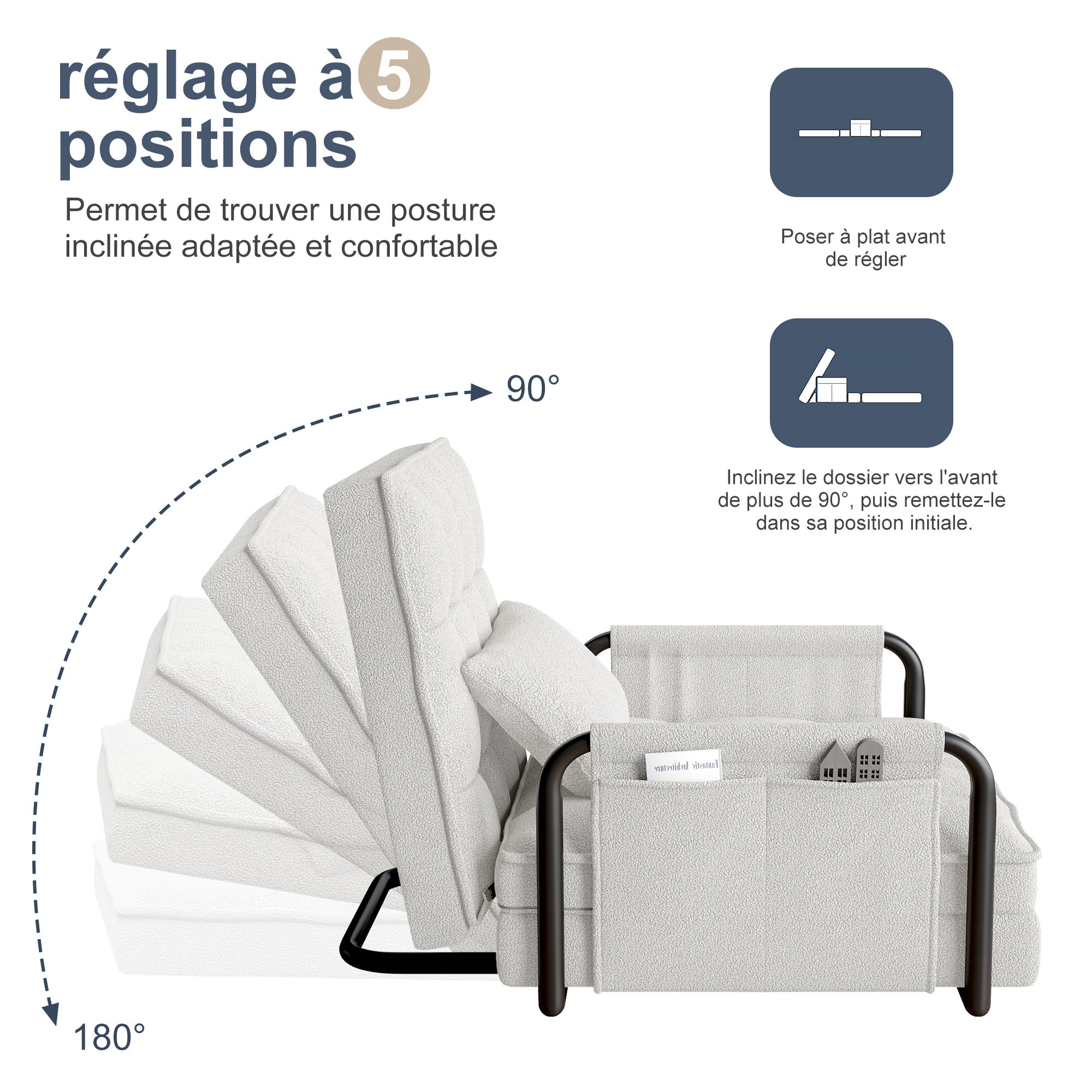 Fauteuil Convertible 1 place - Canapé-Lit 5 Positions Ajustables - en Chenille - Finitions en Laine d'Agneau - Blanc - 7