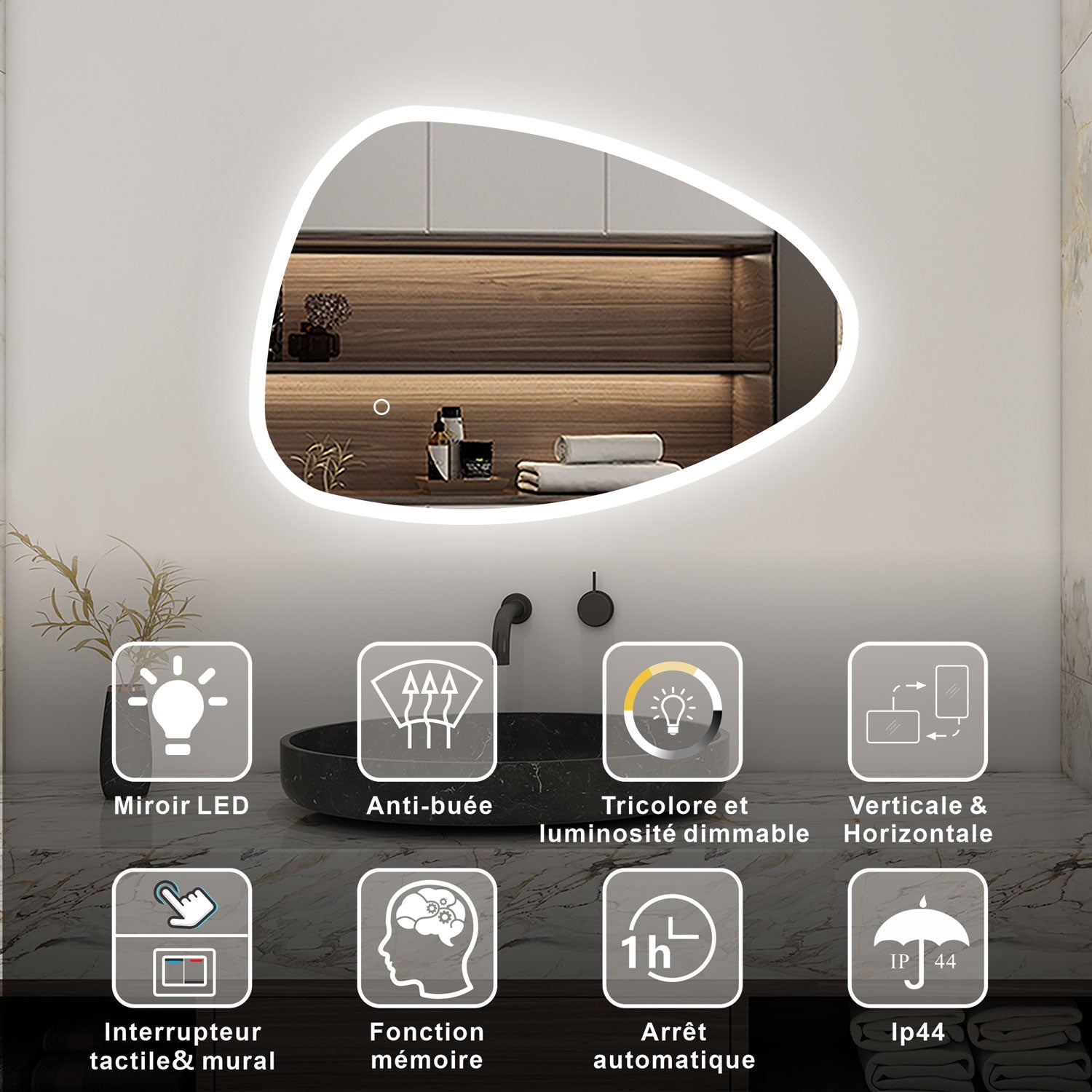 AICA Miroir lumineux 80 x 65cm acve 3 couleurs + dimmable + anti-buée + mémoire, miroir salle de bain led - 2