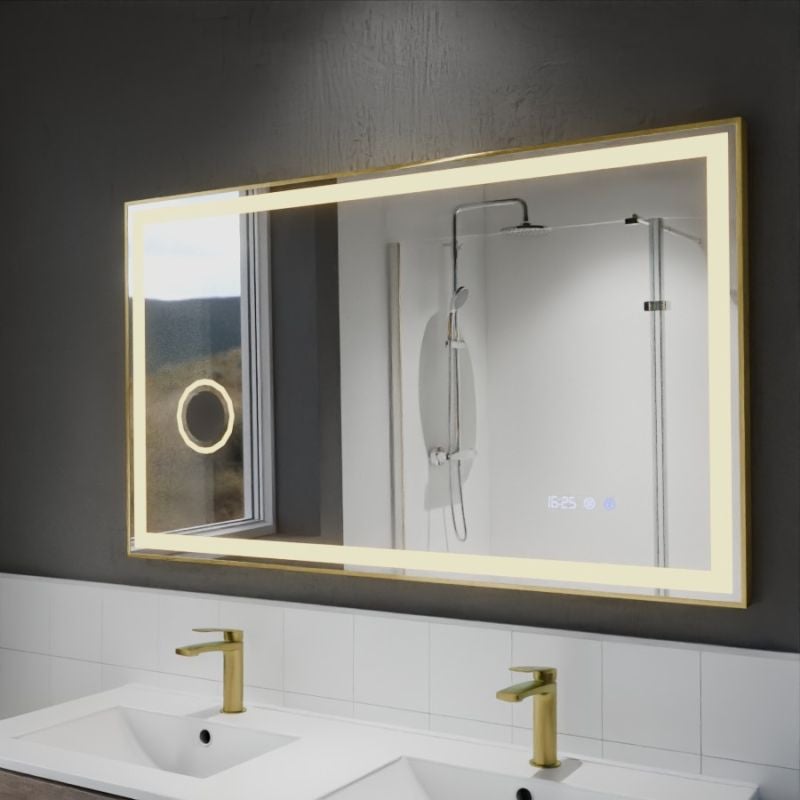Miroir LED cadre doré CARA 120 cm x 70 cm - antibuée, horloge et loupe - 7