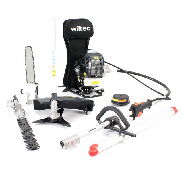 Wiltec Attrezzo multifunzione da giardinaggio - Tagliasiepi, Tagliabordi, Decespugliatore, Potatore telescopico - Motore a 2 tempi