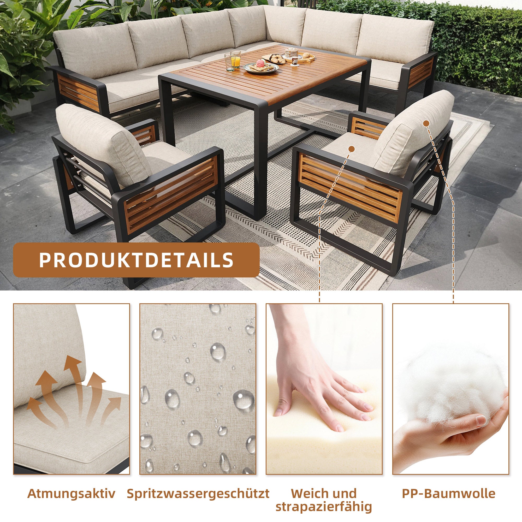 Salon de jardin modulable en fer galvanisé 7 places : 2 canapé 2 places + 3 fauteuils + 1 table 90 x 63 x 63 cm - Beige - 7