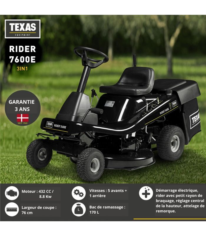 Tondeuse autoportée rider thermique 76 cm, moteur 432 cc, mulching + éjection - TEXAS Rider 7600E - 9