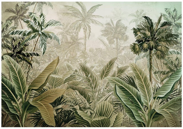 Papier Peint Intissé Panoramique Jungle Forêt Feuilles Vert 350x250 cm - Colle Inclus - Chambre et Salon - Moderne Trompe l'oeil