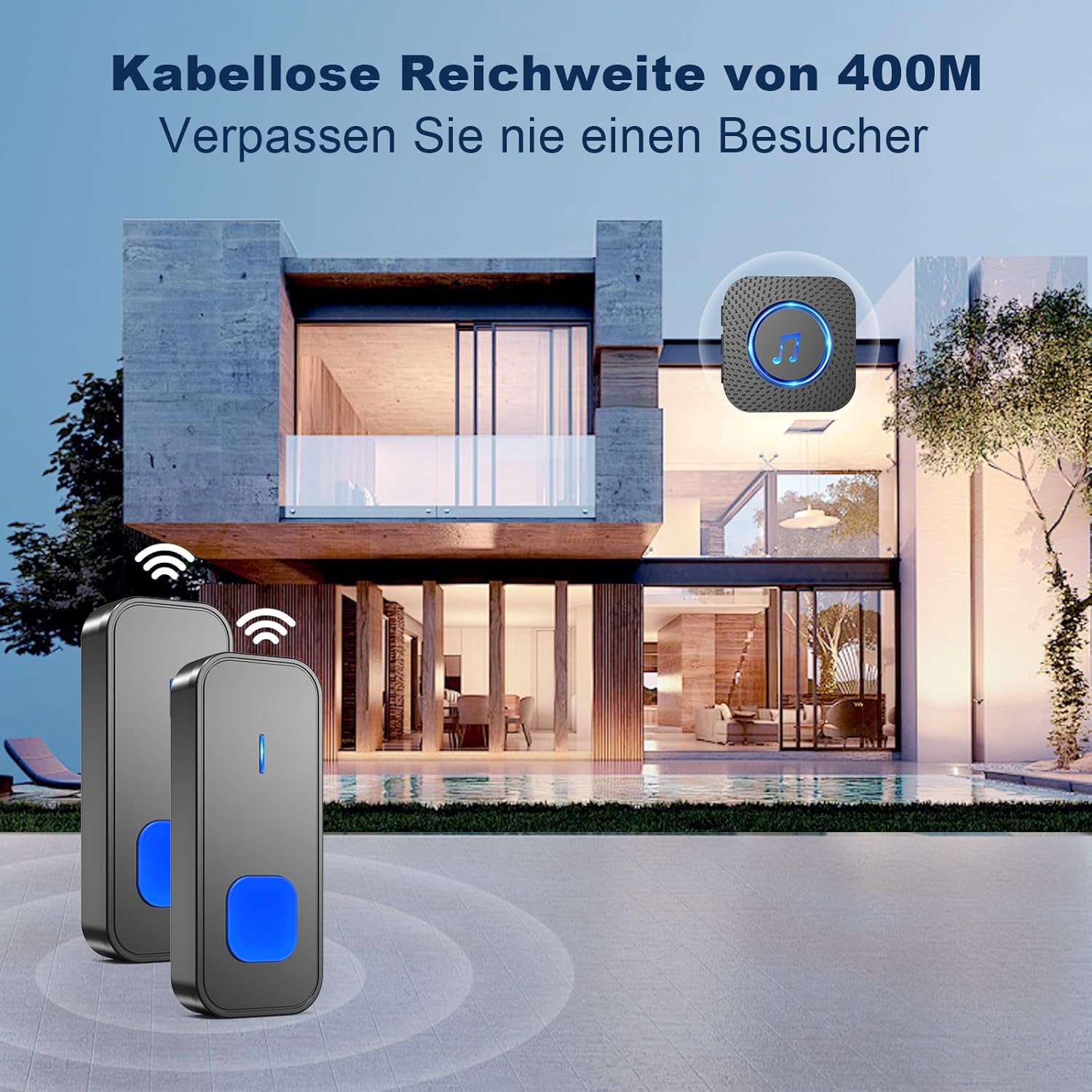 Sonnette électronique sans fil étanche pour extérieur, 2 émetteurs et 1 récepteur, avec prise 55 mélodies, 5 volumes, noir - 2