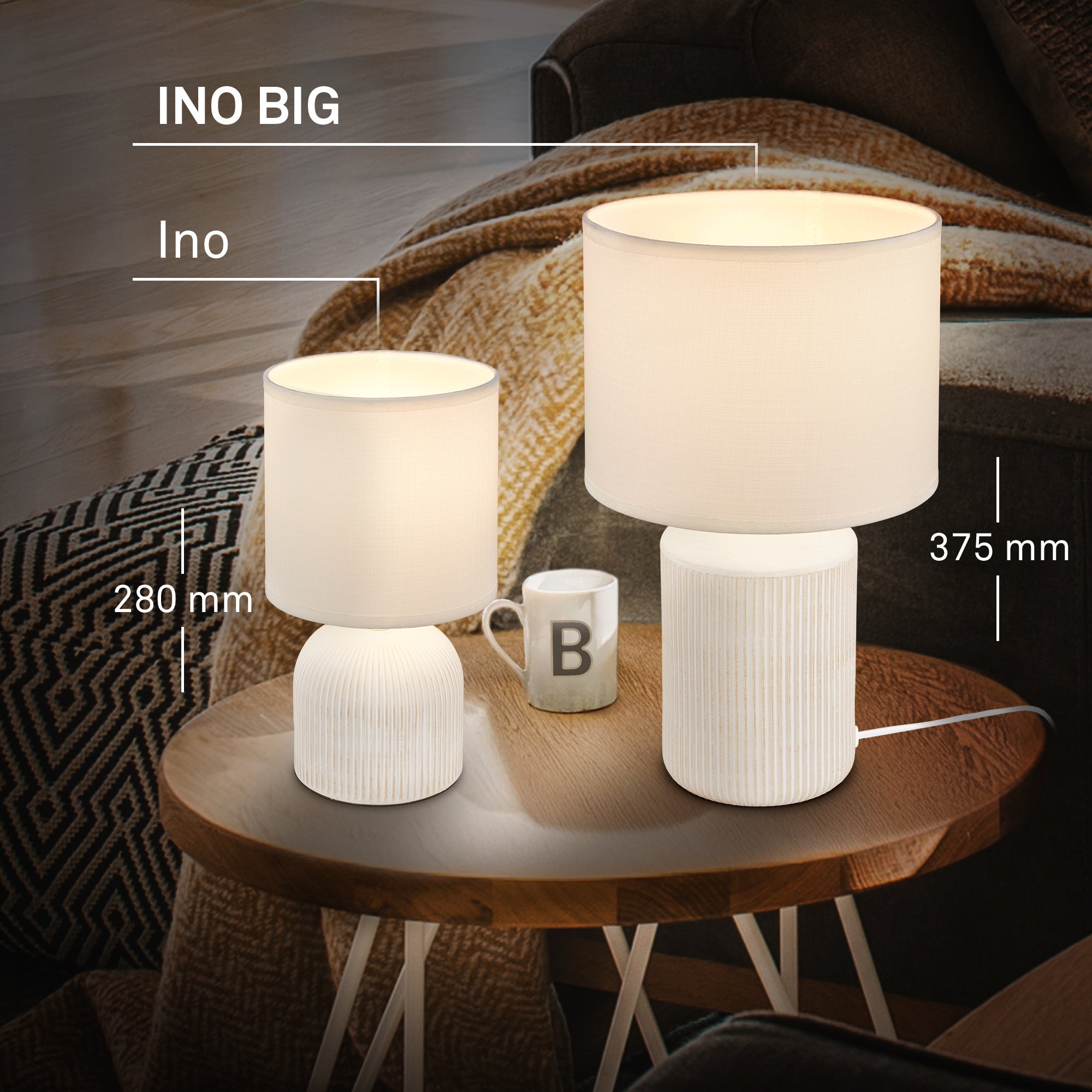 Lampe de table INO en céramique avec abat-jour tissu, blanc, câble interrupteur, IP20, Ø220x375mm, douille E27 max. 10W, sans ampoule - Briloner - 6
