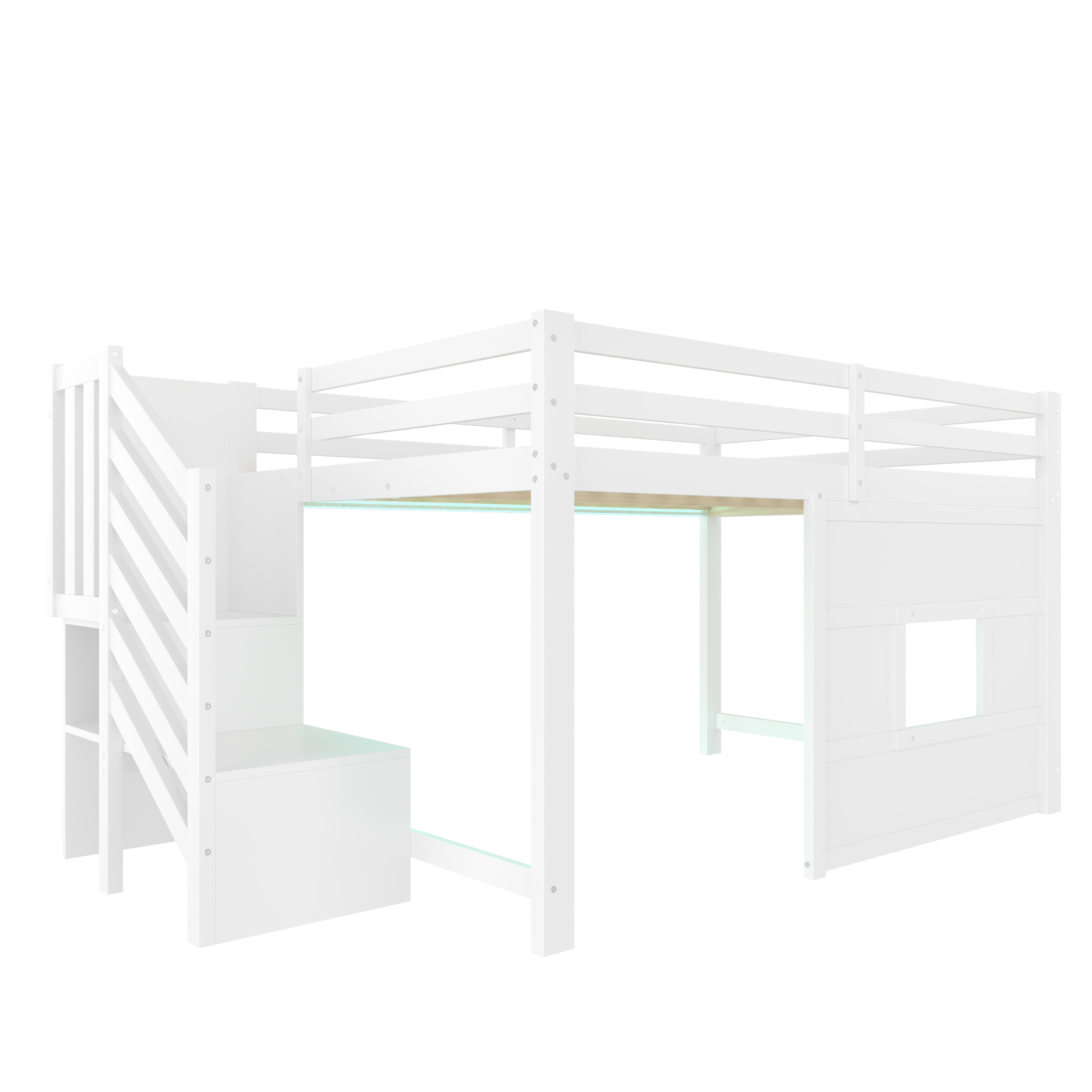 Lit mezzanine 140x200 cm avec Éclairage LED, lit superposé avec escalier Rangement et Fenêtre Ludique, lit enfant avec sommier à lattes, blanc - 7