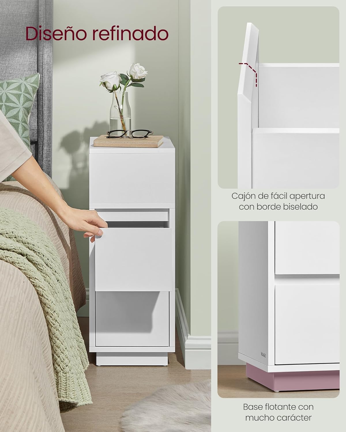 Mesita de Noche Estrecha, Mesa Auxiliar con 2 Cajones y Compartimento Abierto, Encajable a la Izquierda o a la Derecha, Dormitorio, Salón, Blanco Nube - 5