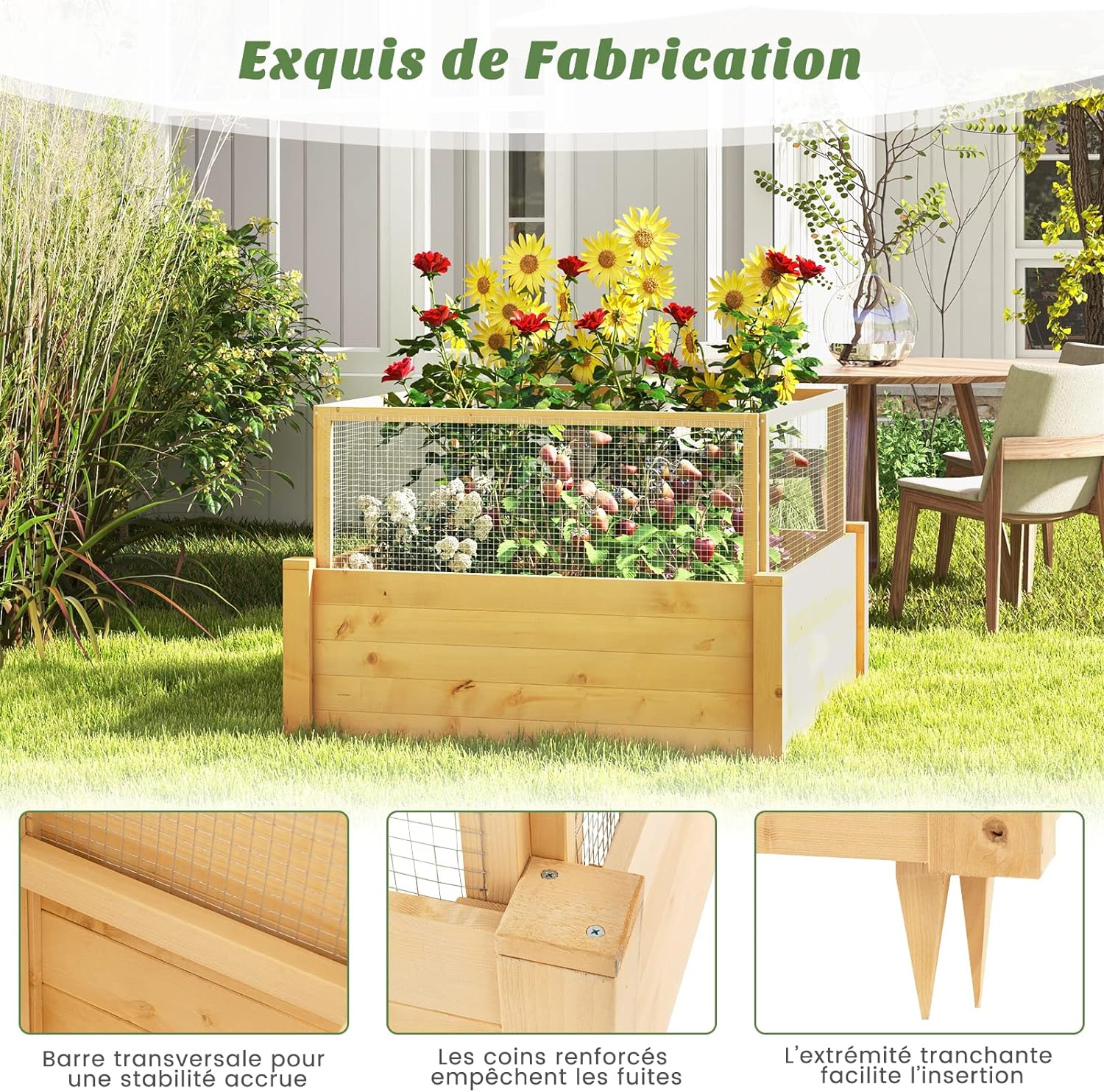 Fioriera Rialzata con Recinto Anti-Animali e Griglia di Coltivazione, Letto Elevato da Giardino per Fiori, Verdure, Frutta ed Erbe, 107 x 107 - 6