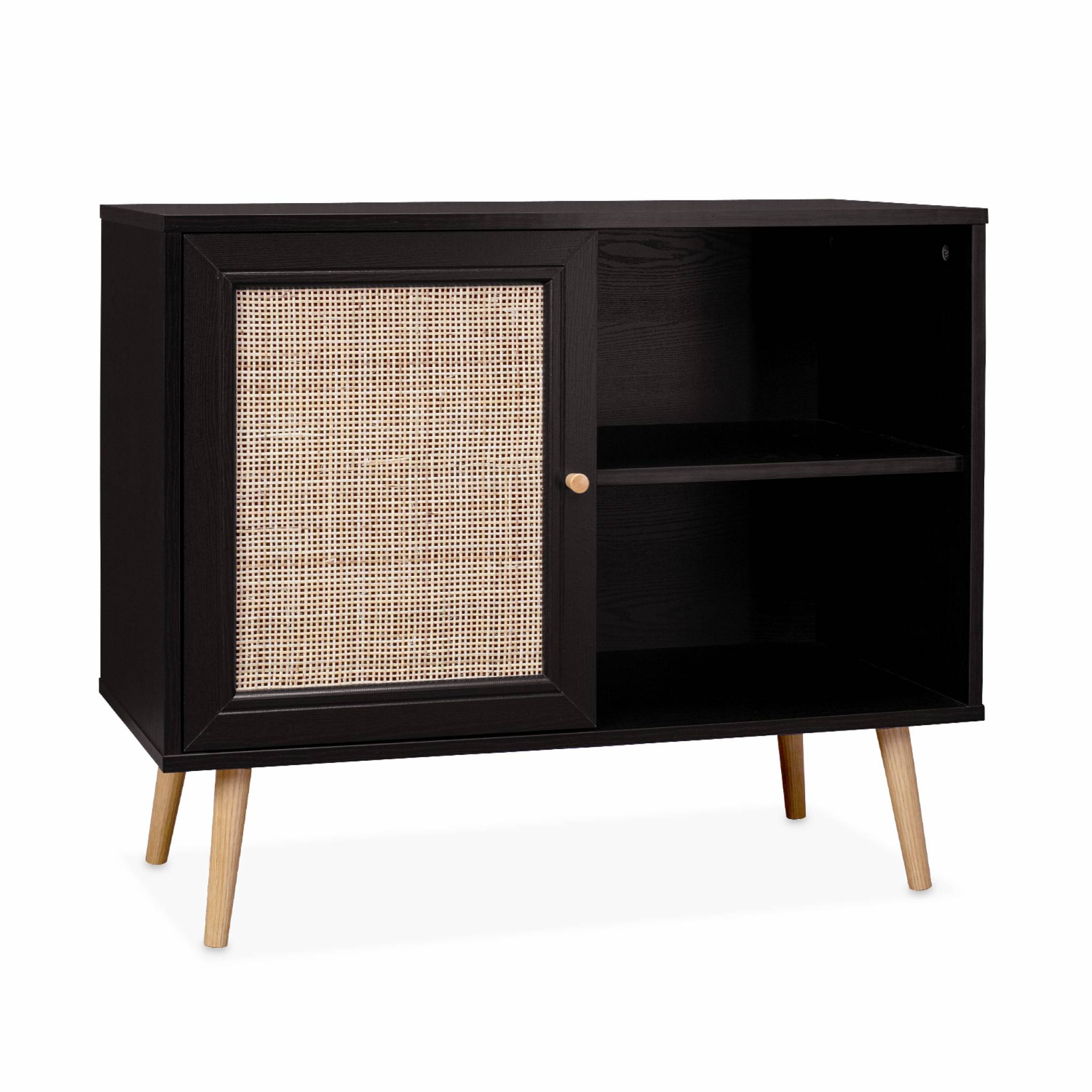 Meuble de rangement en cannage 80x39x65.8cm Bohème - Noir - 2 niveaux ...