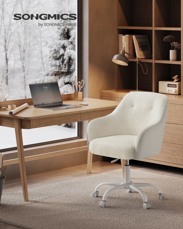 Chaise de Bureau, Fauteuil Ergonomique, Siège Pivotant, Réglable en Hauteur, Capacité 110 kg, Tissu Peluche Respirant et PU, Beige Cappuccino - 2