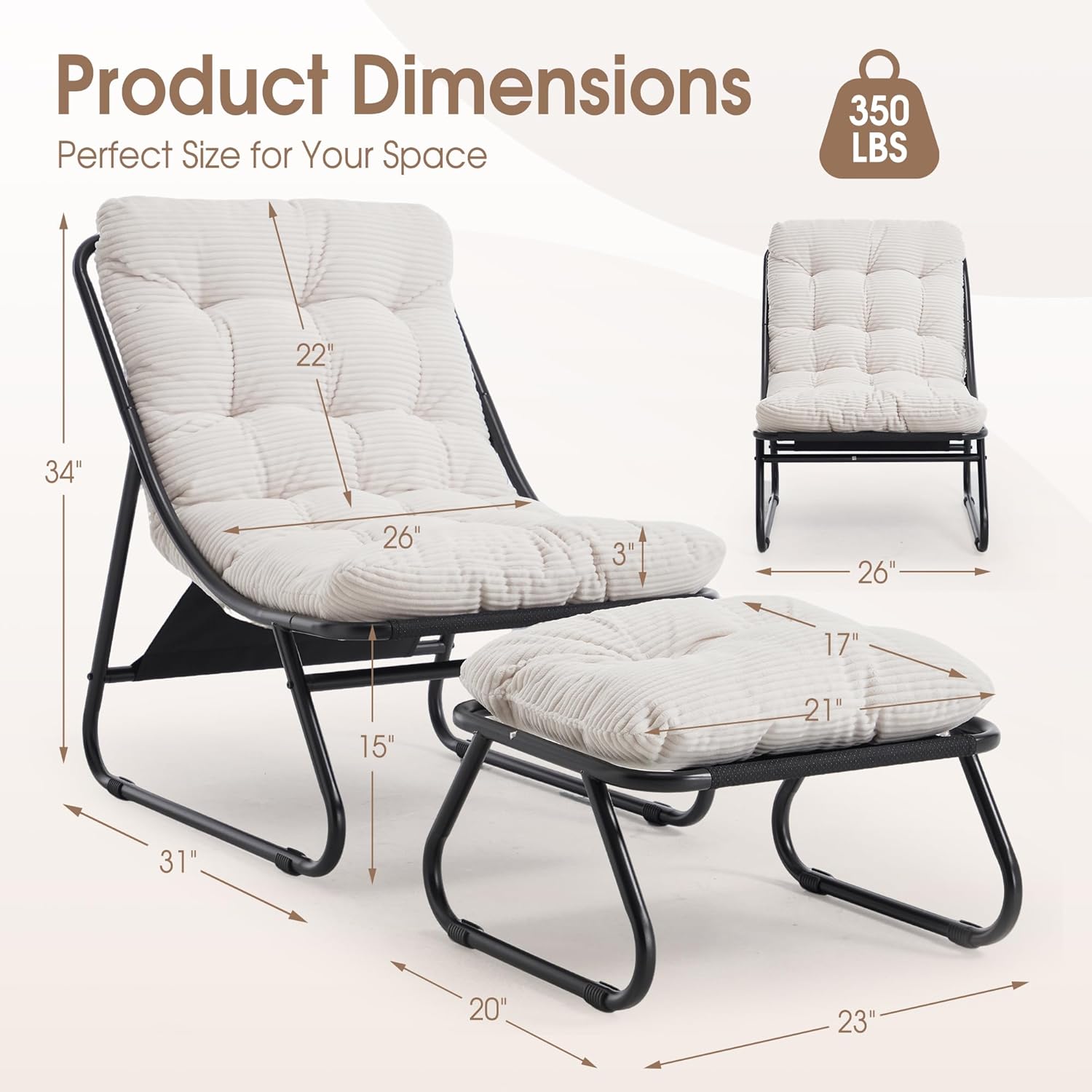 Fauteuil extérieur en acier avec coussin, pouf offert, chaise de jardin moderne pour terrasse et balcon - 6