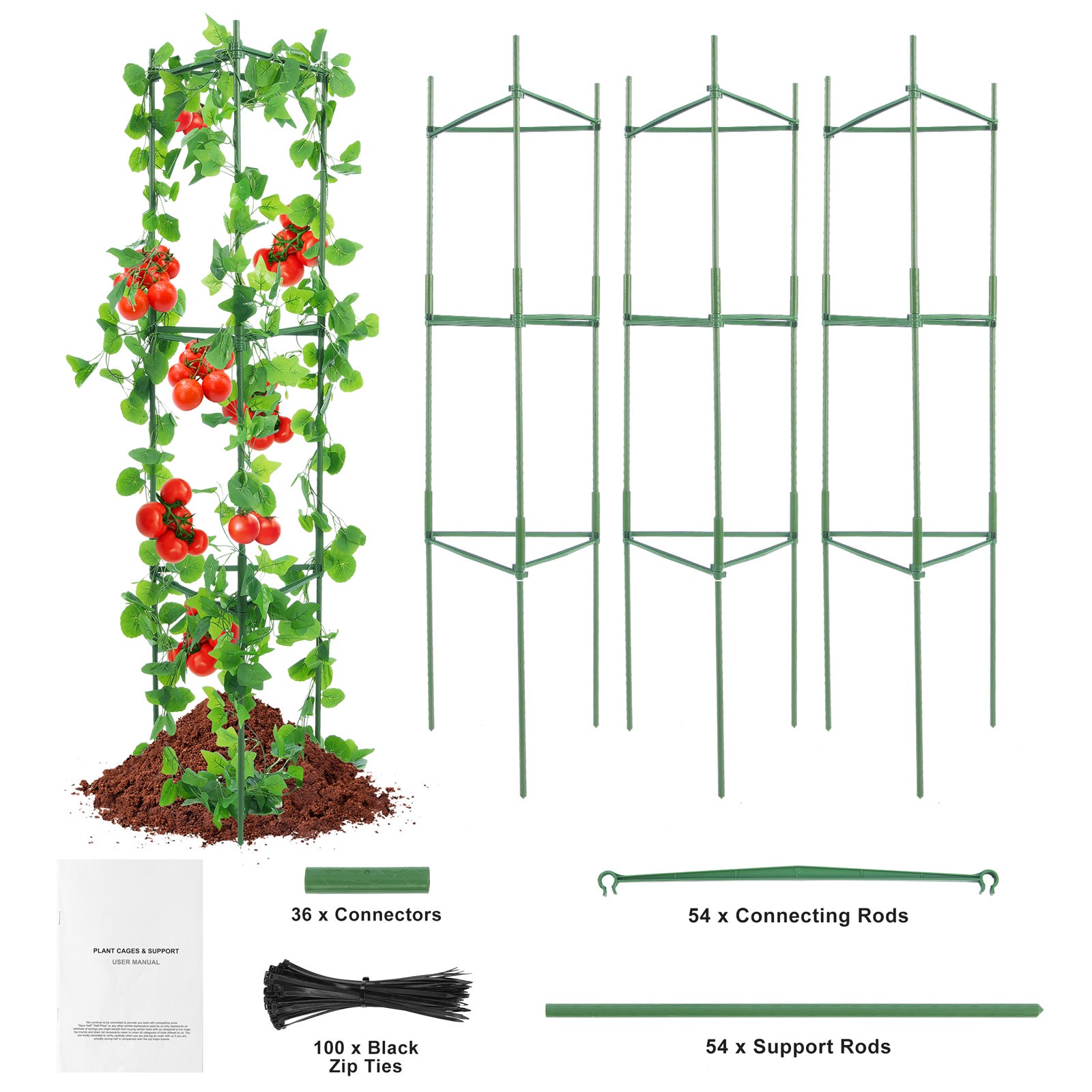Lot de 6 cages à tomates SucceBuy 48 po, treillis empilable vert, piquets métalliques solides pour légumes, fleurs et plantes grimpantes - 3