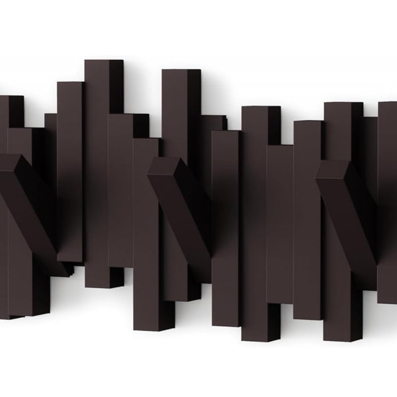 Nowoczesny wieszak ścienny na ubrania z motywem klawiszy fortepianu i 5 składanymi haczykami, brązowy