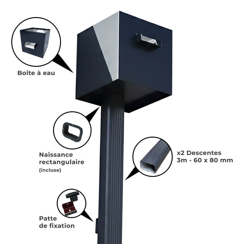 Kit évacuation eaux pluviales aluminium 60×80 mm – boîte à eau + deux descentes 3 m – fixation incluse – maison avec étage – anthracite - 2