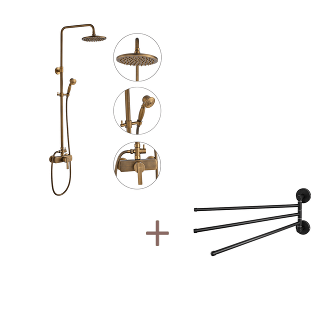 Colonne douche en laiton Bronze Rétro,Douche avec Mitigeur Mécanique,Hauteur Réglable+Porte-Serviettes Inox avec 3 Barres 180°Rotatives,Noir