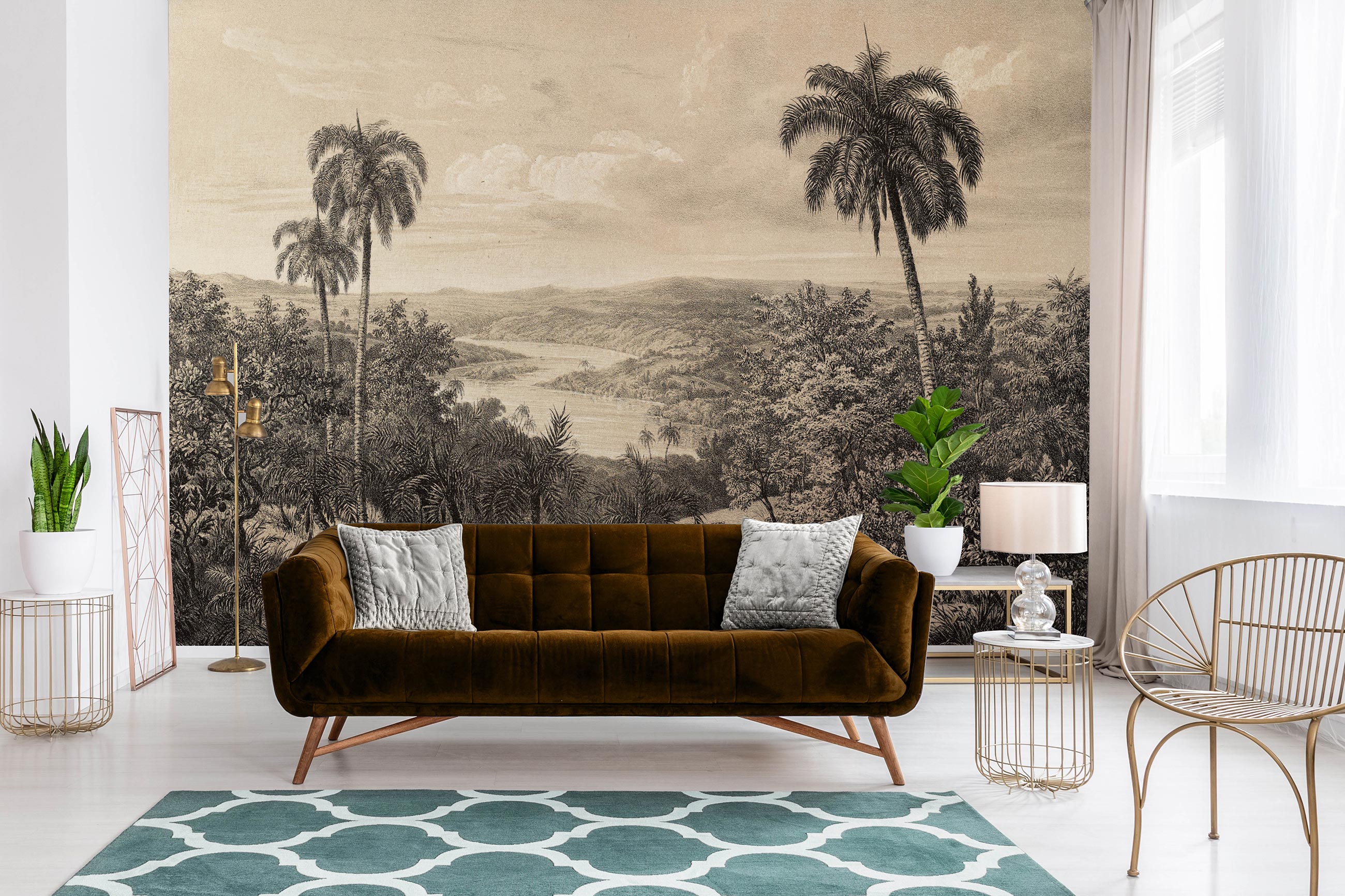 Papier Peint Intissé Panoramique Jungle Safari Forêt tropicale Sépia 368x254 cm - Colle Inclus - Chambre et Salon - Moderne Trompe l'oeil - 2