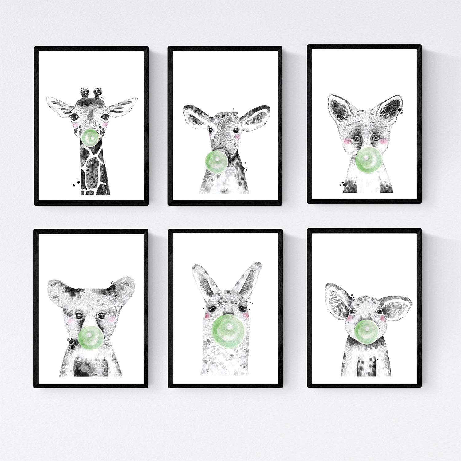 Set 6 posters animales bebes con chicle girafa cerdo vaca zorro oso llama