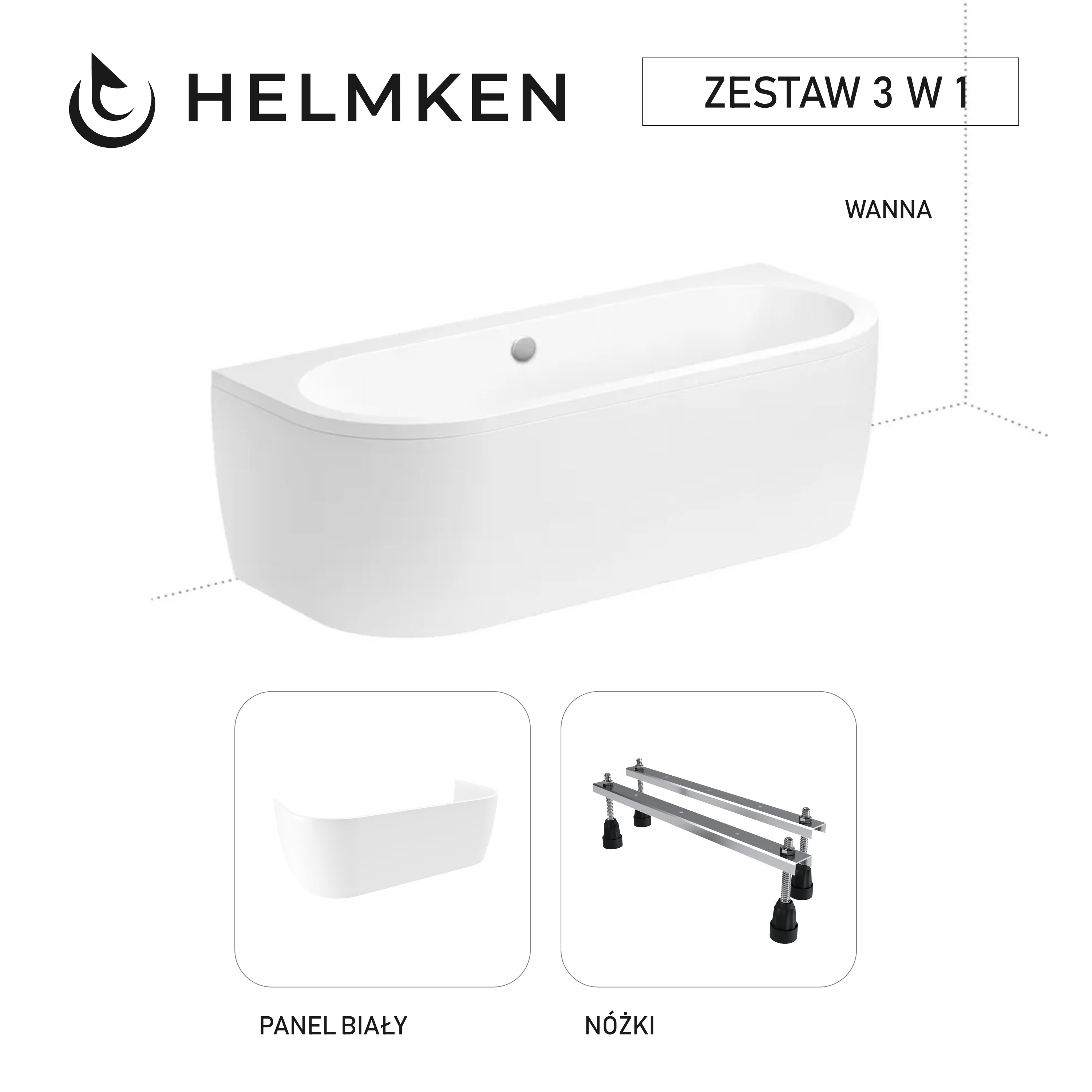 Wanna półokrągła akrylowa 170x75 Helmken Imperia + Panel biały + Nóżki / 37080075ZW