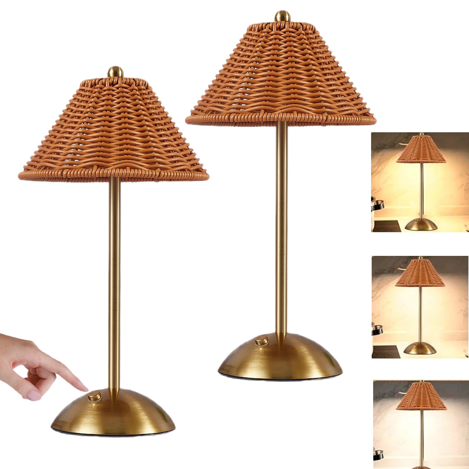 Rattanowa lampa biurkowa, bezprzewodowa lampa stołowa, ładowalna bambusowa lampka nocna z 3 kolorami światła i sterowaniem dotykowym (2 sztuki)