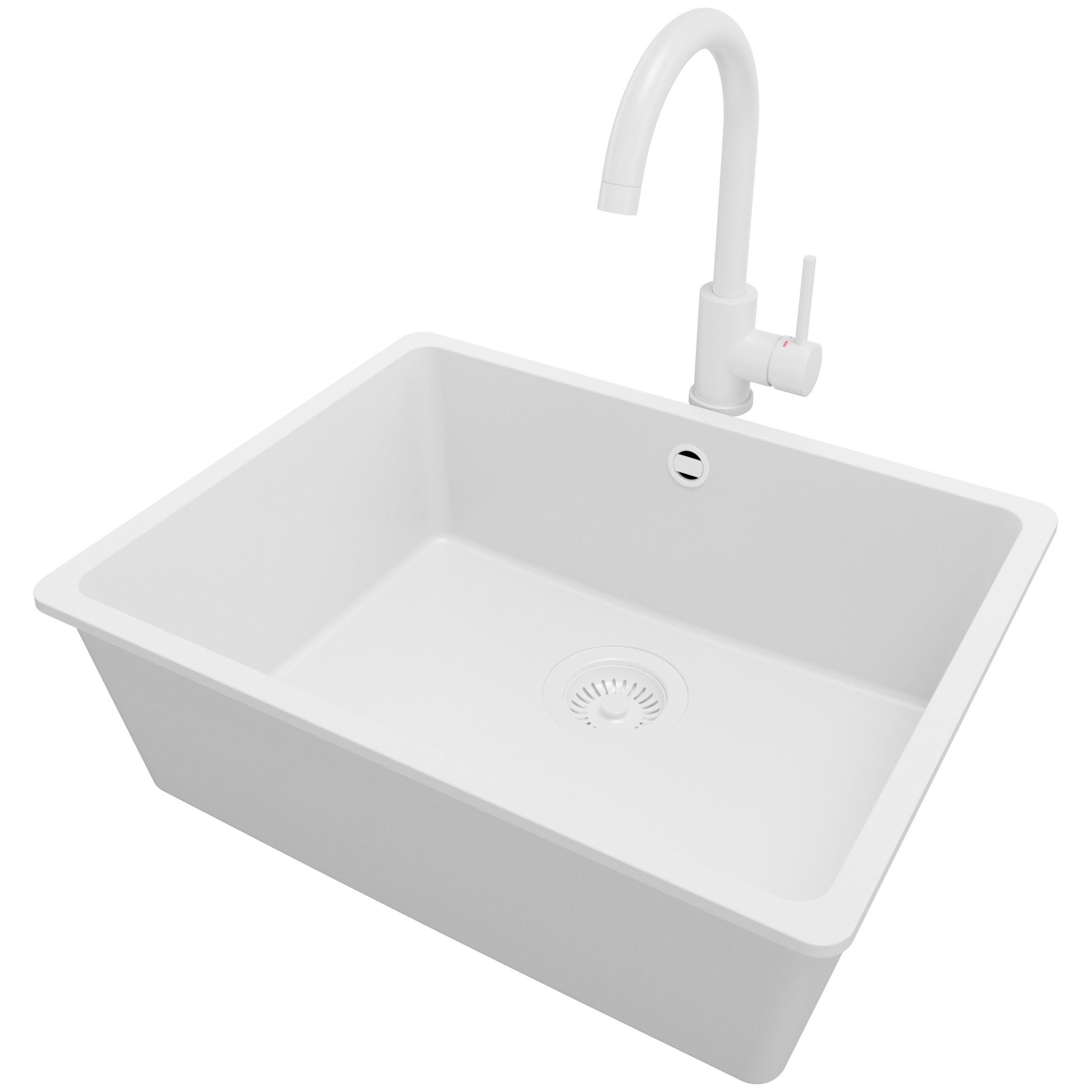 Zlewozmywak podblatowy Cały Biały 56x44cm, Zlew Kuchenny 1 Komorowy + Bateria 32x20cm + Syfon, do szafki od 60cm - Wenecja Easy PRIMAGRAN