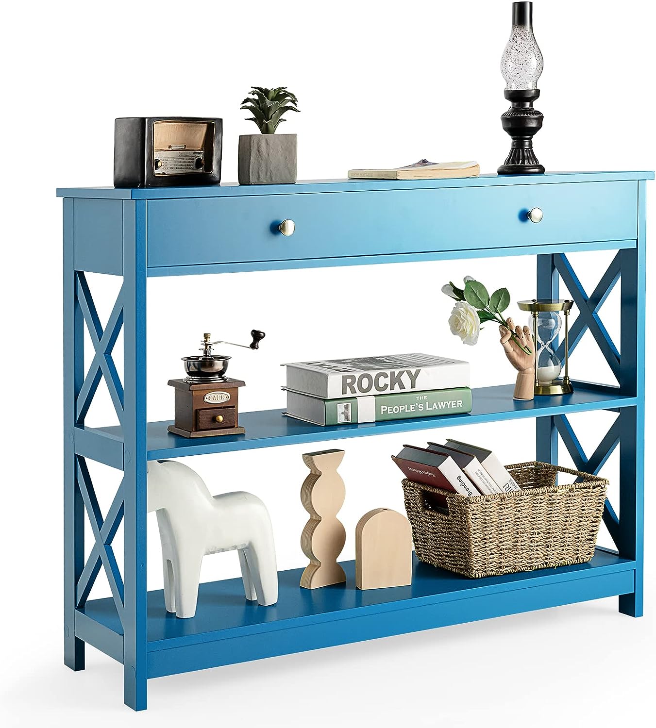 3-poziomowy stół konsolowy, stół do przedpokoju z szufladą i 2 półkami z drewna, do wejścia, salonu, sypialni, 100 x 30 x 80 cm, obciążenie 95