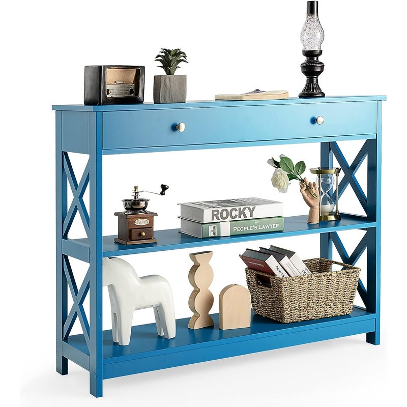 3-poziomowy stół konsolowy, stół do przedpokoju z szufladą i 2 półkami z drewna, do wejścia, salonu, sypialni, 100 x 30 x 80 cm, obciążenie 95