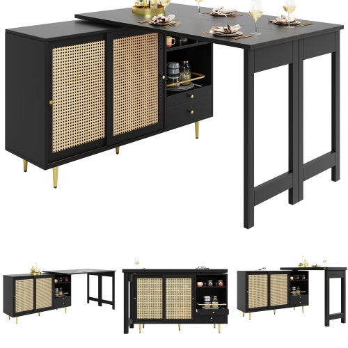 Mesa de bar giratoria de 360° (cuerpo principal: 107 x 40 x 71,4 cm), mesa de bar de diseño extensible negra, armario de almacenamiento con puerta de