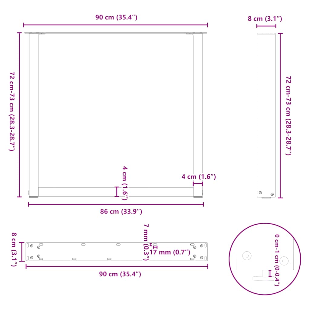 Pieds de table à manger en U, 3 pièces, acier naturel, 90 x (72-73) cm vidaXL - 3