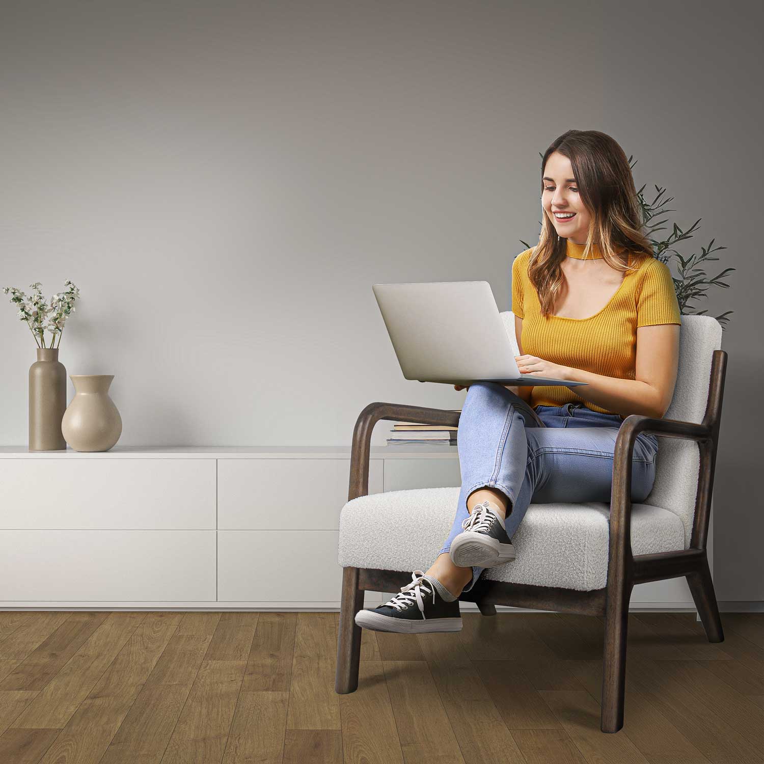 Borgia - Fauteuil en bois massif par Parawood et tissu bouclé anti-tache - 7
