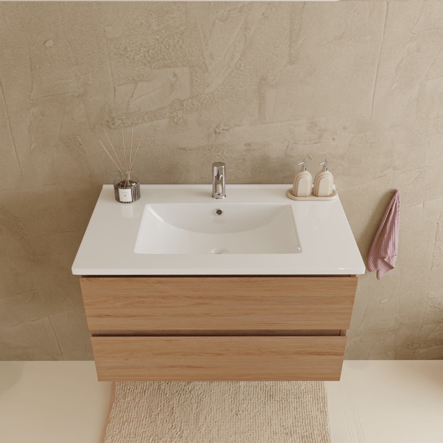 Ensemble Meuble Vasque 80 Cm Avec Colonne - Chêne Clair - Lavabo Blanc - LOMAZOO Verona - 5