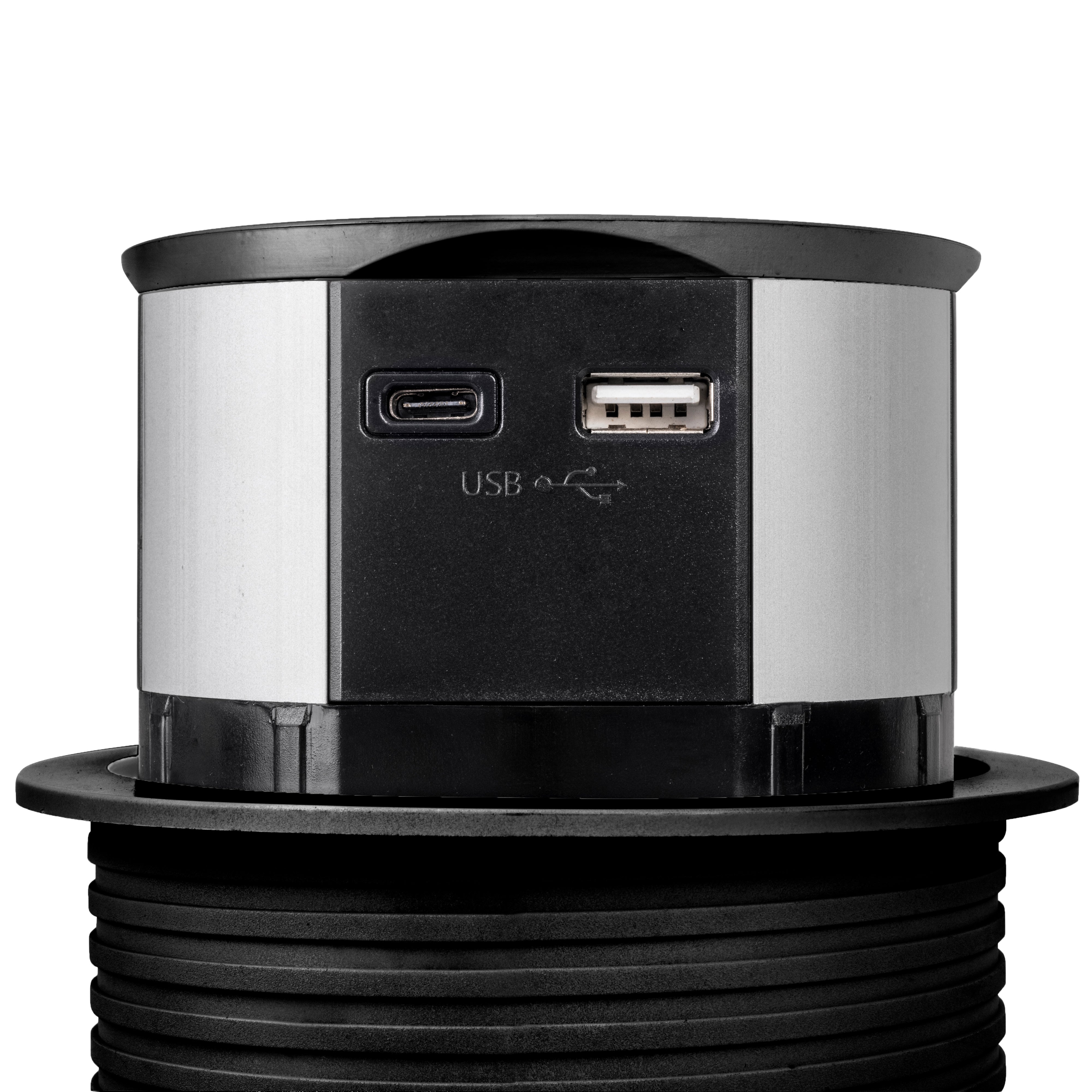 Emuca Multiconector Vertikal Push diâmetro 100mm, 3 fichas tipo Schuko, 1 USB tipo A, 1 USB tipo C, Aço e Plástico, Pintado preto - 3