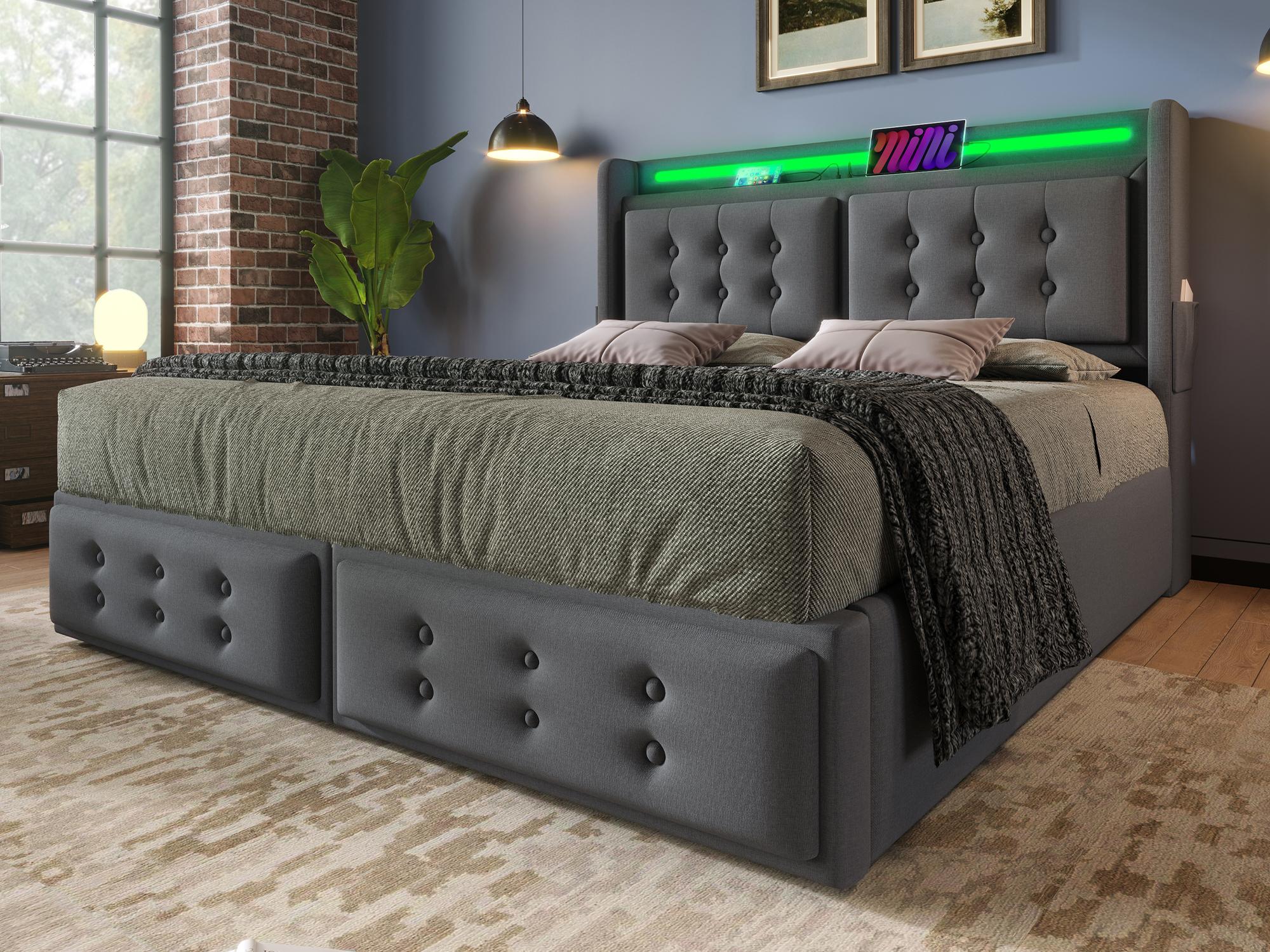 Łóżko skrzyniowe 140x200 cm z tkaniny lnianej - z diodami LED i portami ładowania - Szare