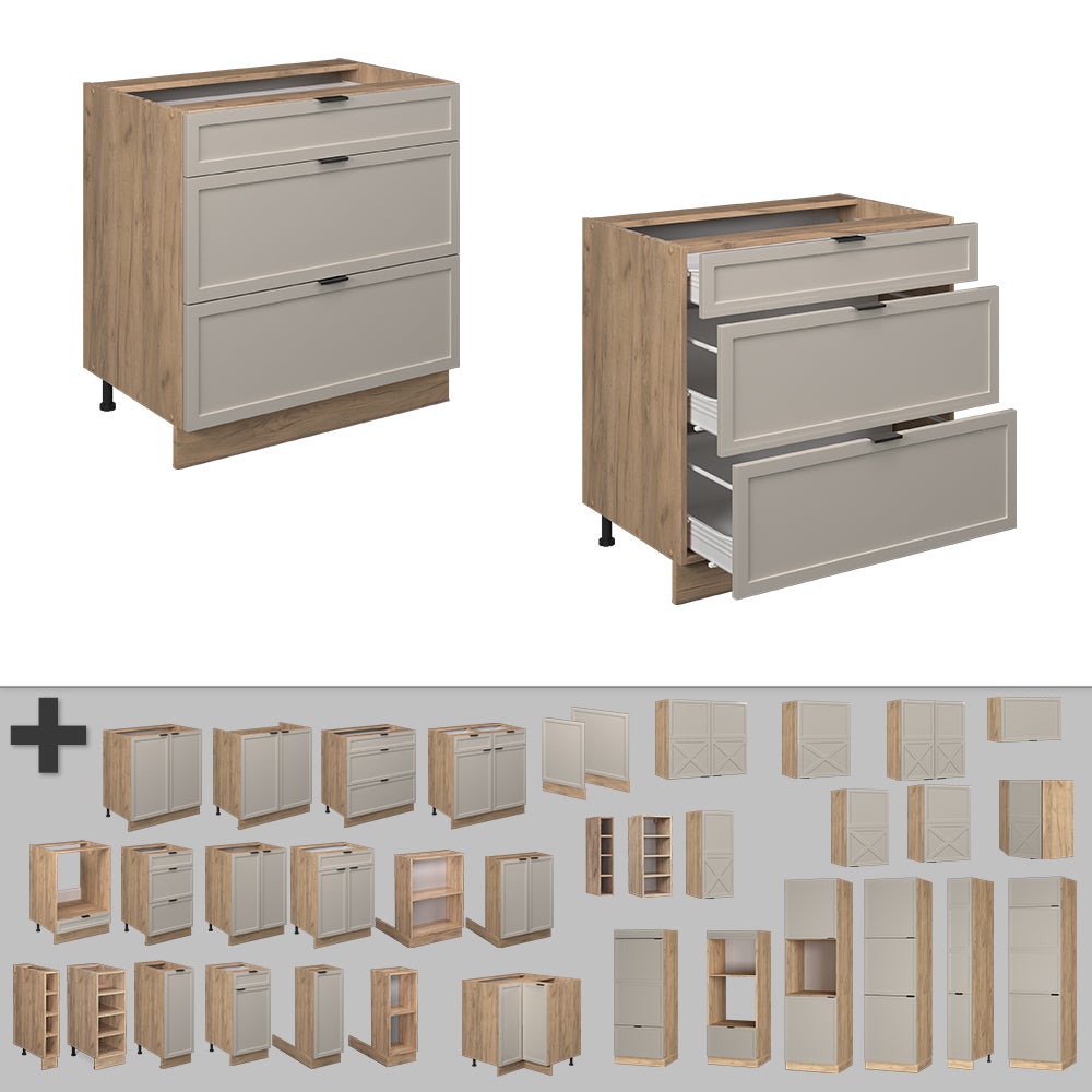Vicco Meuble cuisine Fame-Line, GrisBeige, 80cm avec 3 tiroirs, sans PT - 5