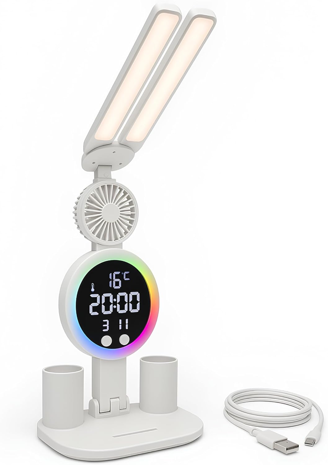 Lampa biurkowa LED RVB, cichy wentylator, zegar, termometr, 3 tryby oświetlenia, sterowanie dotykowe, USB-C, bateria 3200 mAh dla nastolatków