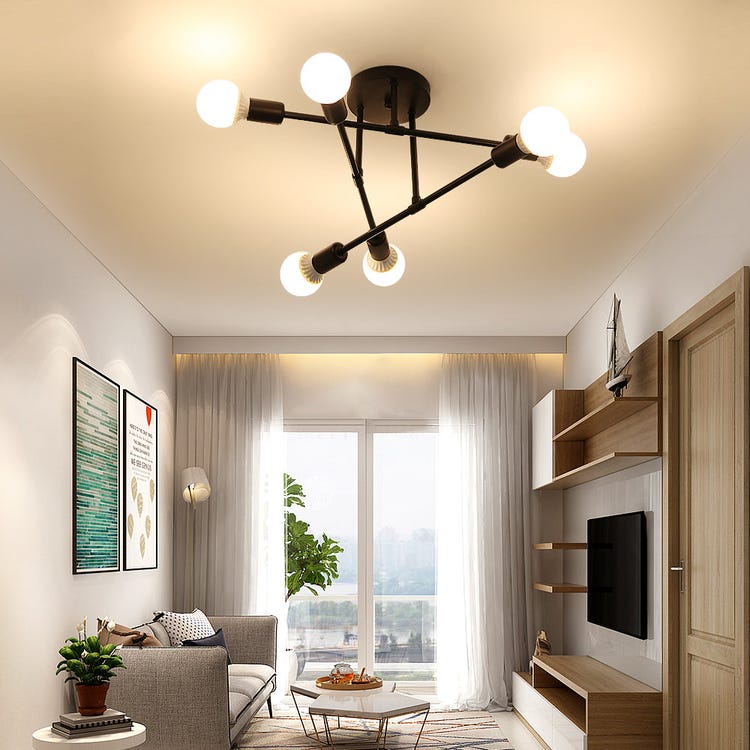 Plafonnier LED Moderne, Rétro Lustre Lampe Suspension Vintage 6 Lumières E27 Base, Lustre Luminaire en Métal Lampe pour Salon Chambre Cuisine - 7