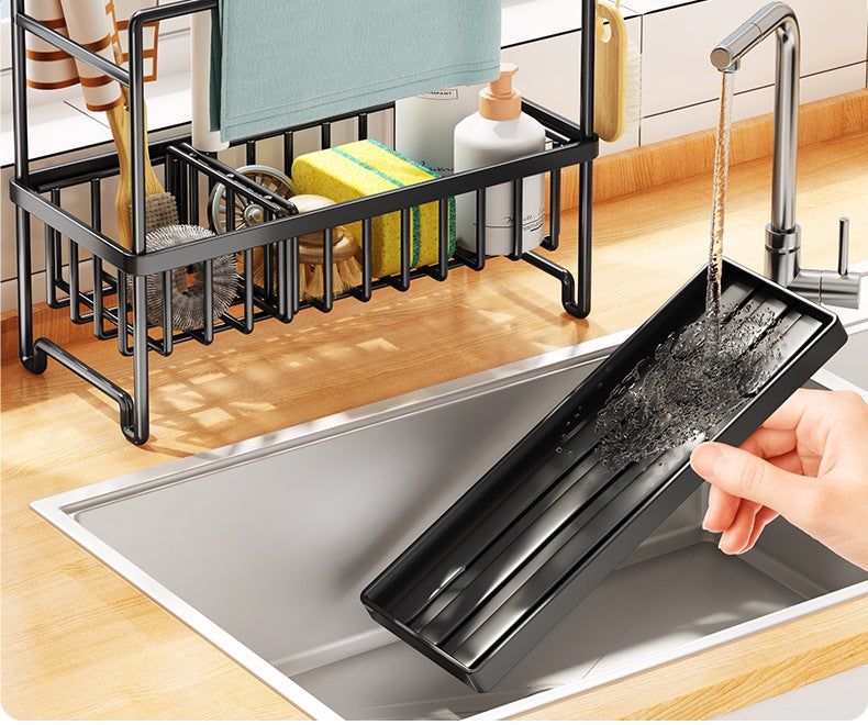 Organizador de fregadero, organizador de cocina de acero inoxidable con bandeja de drenaje extraíble, divisores extraíbles,colgador de paños de cocina - 5