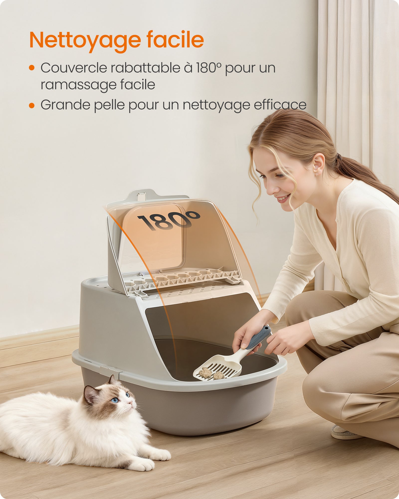 Grand Bac à Litière pour Chat, Taille XXL, Litière pour Chat avec Couvercle Basculant, avec Pelle et Brosse, pour Chats Jusqu’à 15 kg, Avoine et Gris - 3