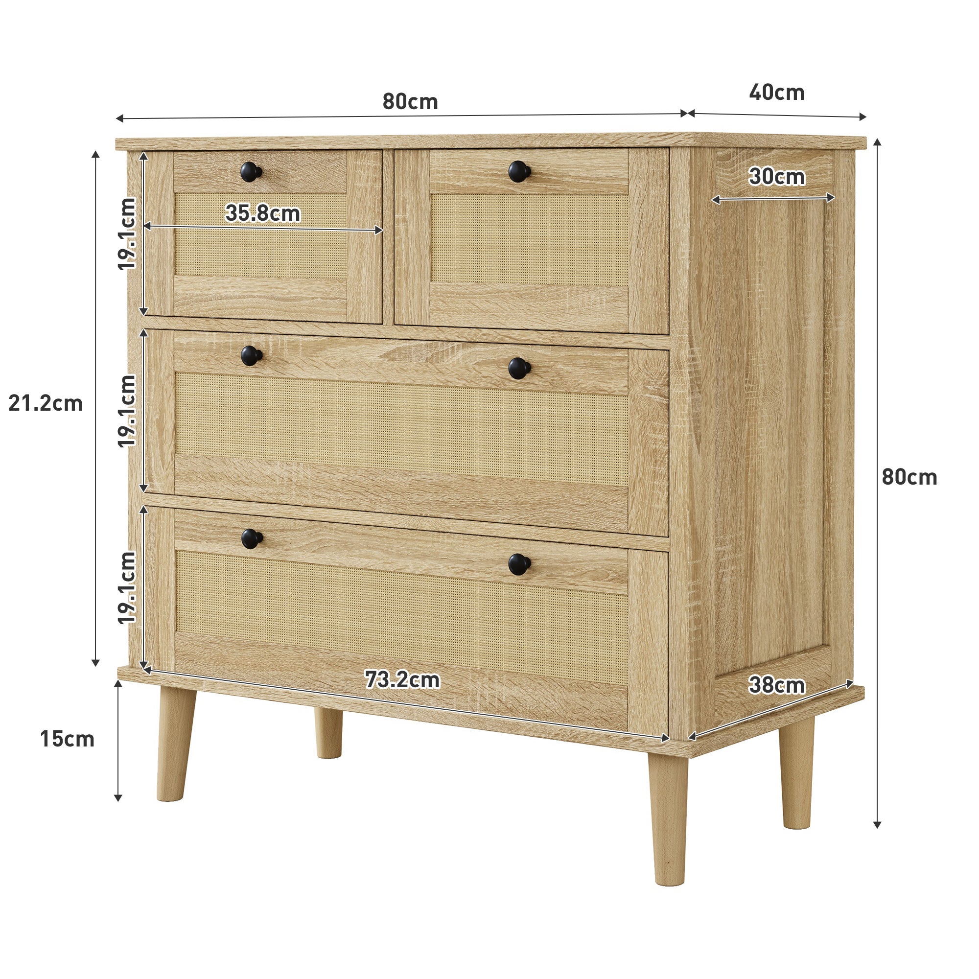 Commode avec 4 tiroirs en rotin - 80 x 40 x 80 cm - Panneaux de particules - Naturel - 5