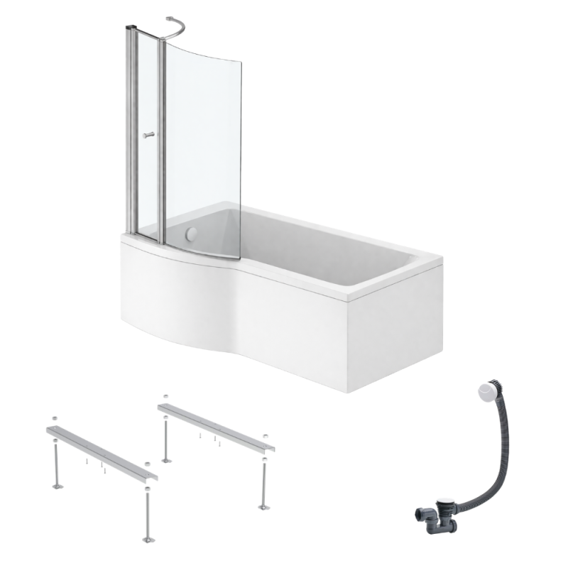 Ideal standard connect air, conjunto de bañera/ducha izquierda de 150 x 80 cm + delantal + mampara con solapa + patas + desagüe, blanco.