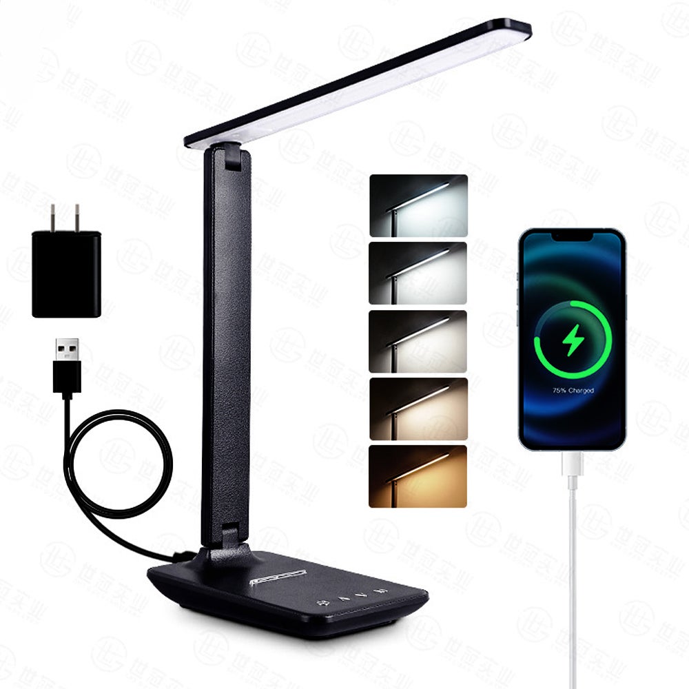 Lampka biurkowa LED (czarna) z adapterem, składana i ściemnialna lampka nocna z 5 trybami kolorów i 5 poziomami jasności, port ładowania USB