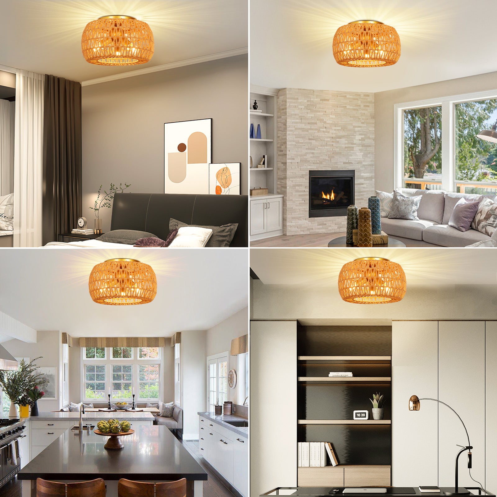 Lámpara de Techo de Ratán Vintage 3 Bombillas - Lámpara Boho con Pantalla Natural para Salón, Dormitorio o Cocina - Estilo Rústico y Acogedor - 8